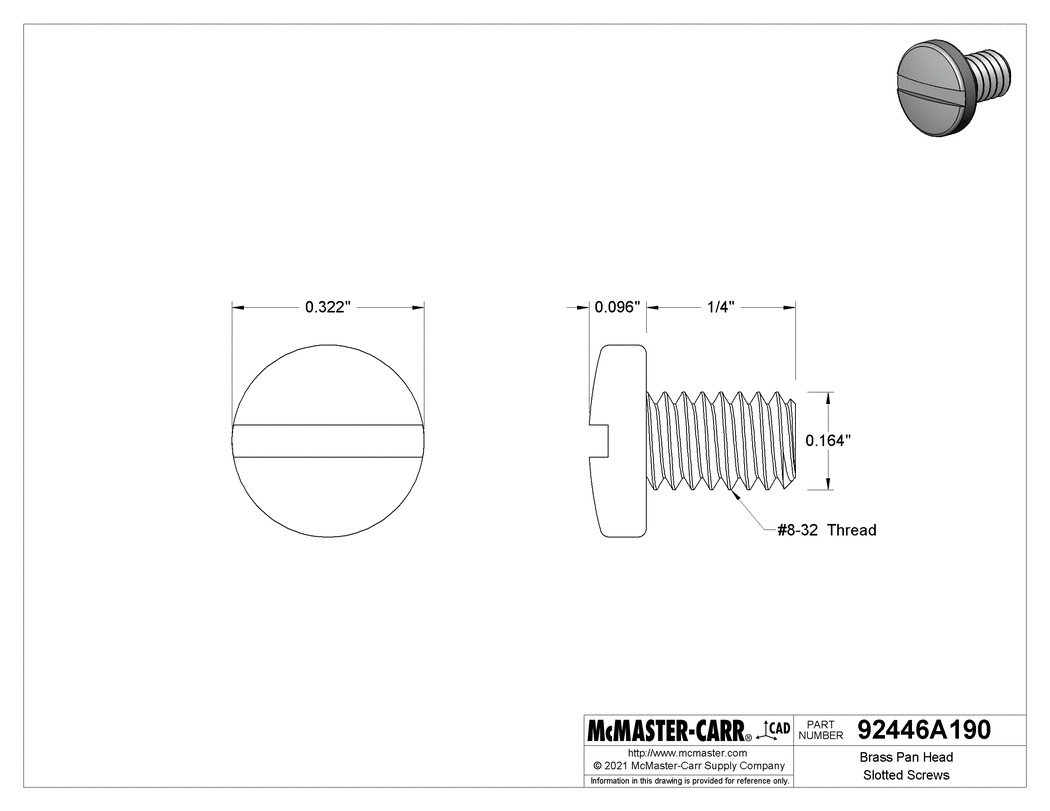 Technical Drawing of Brass Pan Head Slotted Screws, 8-32 Thread Size, 1/4" Long.